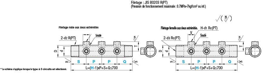 Collecteurs de tuyauterie - Douilles filetées/taraudées, sorties 2 rangées 90°, 2 entrées:Affichage d'image associés