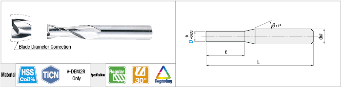 High-Speed Steel 0.01 mm Unit Outer Diameter Designated End Mill, 2-Flute / Regular:Related Image