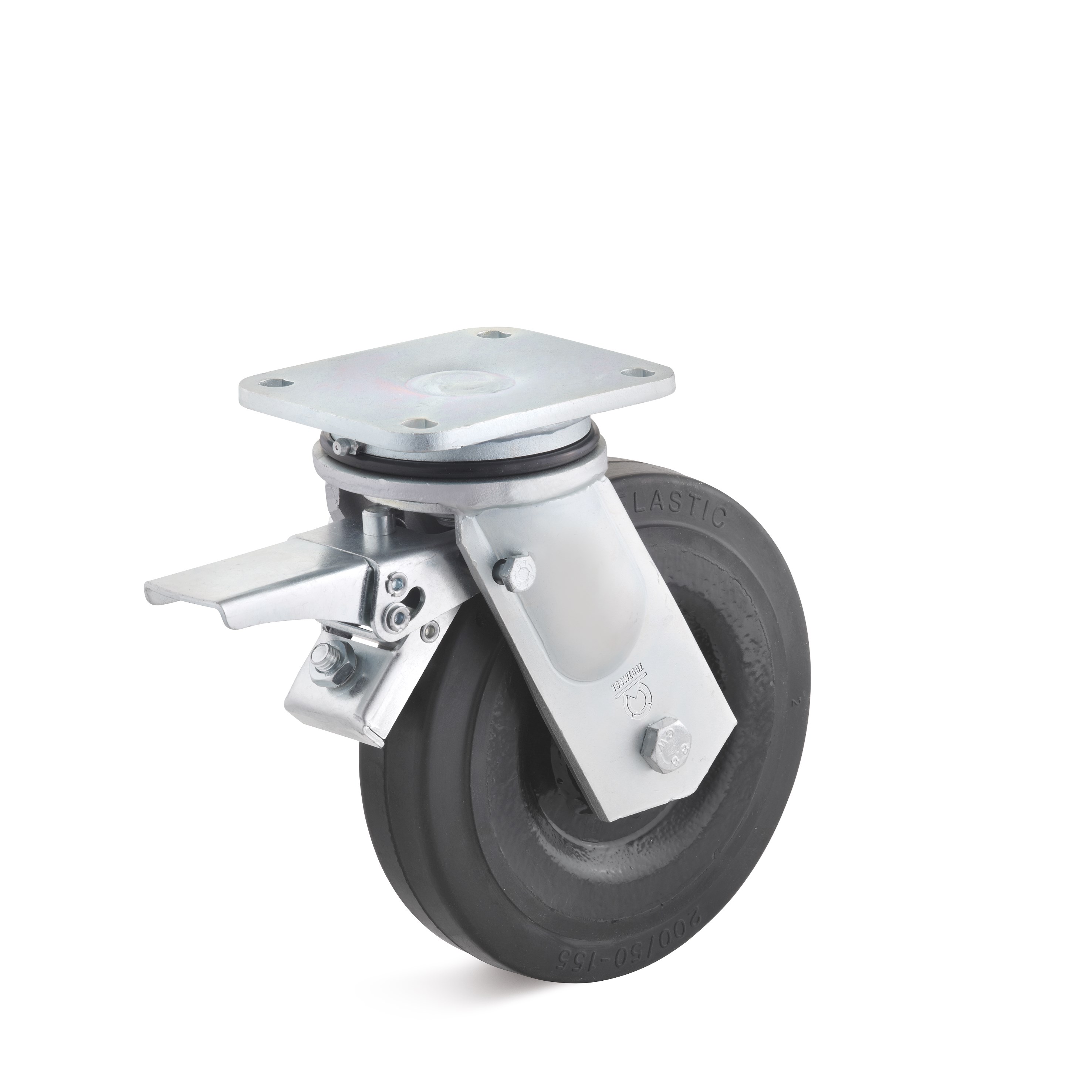 Heavy duty swivel castor with double stop and elastic solid rubber wheel