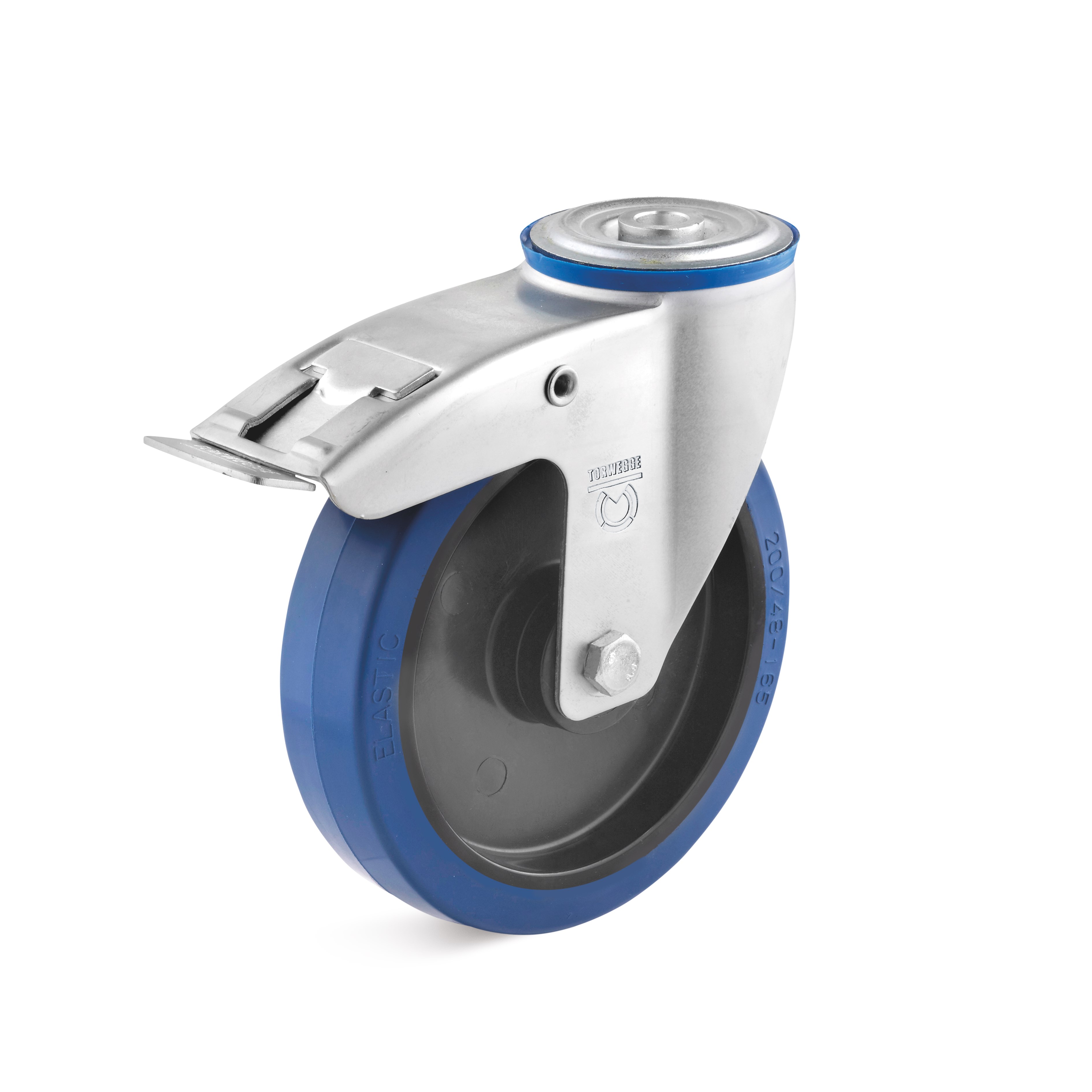Swivel castor with back hole and double stop with elastic wheel