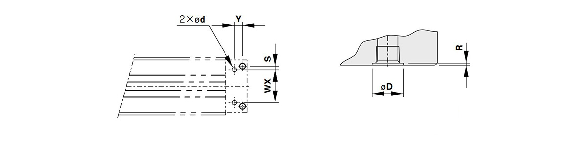 Schéma d’encombrement de l’orifice de raccordement de tuyauterie centralisée par le bas sur (à droite : raccordement par le bas [pièce ZZ, joint torique applicable]), MY1C50□ / MY1C5063□