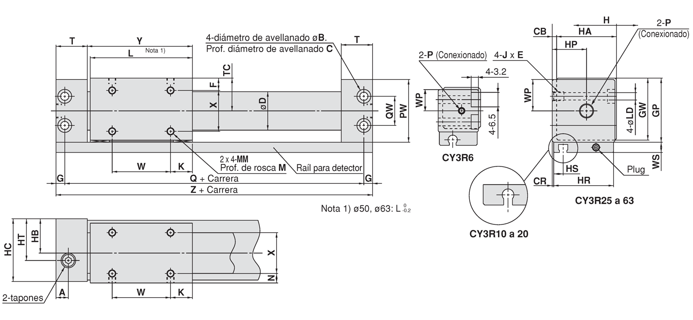 Schéma d’encombrement du type à tuyauterie bilatérale : ⌀6 mm (diamètre 6 mm), jusqu’à ⌀63 mm (diamètre 63 mm)