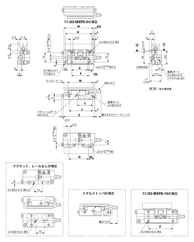 Schéma d’encombrement des tables pneumatiques linéaires à faible dégagement de poussière 11 à 22-MXP6, Séries 11/22-MXP, MXPJ6