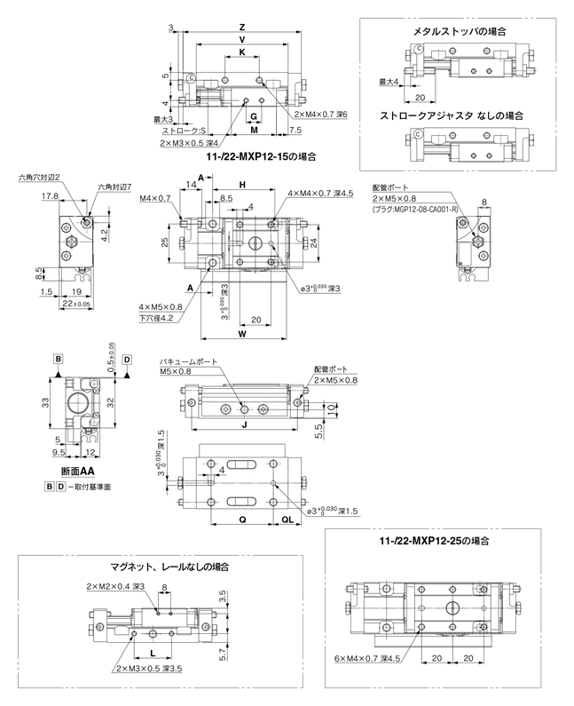 Schéma d’encombrement des tables pneumatiques linéaires à faible dégagement de poussière 11 à 22-MXP12, Séries 11/22-MXP, MXPJ6