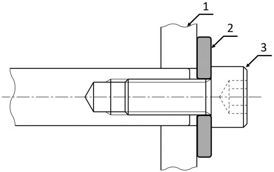 Rondelle de précharge dans une connexion vissée : (1) Plaque, (2) Disque métallique, (3) Vis – hexagone intérieur