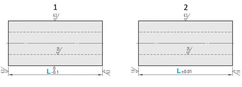 Options de réalisation d'un manchon d'espacement type : (1) Version standard, (2) Version de précision