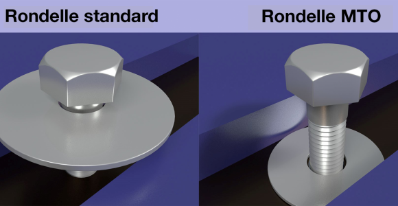 Comparaison d’une rondelle pour carrosseries conforme à la norme DIN et une rondelle MTO réalisée sur mesure pour des zones de montage étroites en raison de la construction. Illustration : MISUMI.