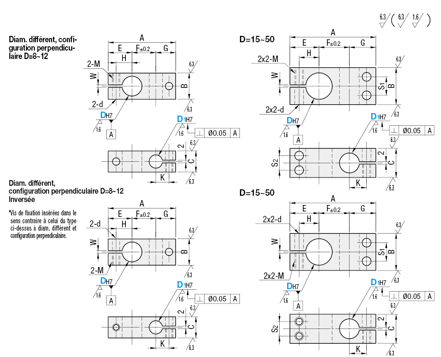 Configuration perpendiculaire, trous d’arbre de diamètre différent, extrémités carrées:Affichage d'image associés