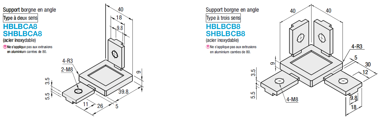Supports borgnes en cornière - Série 8, base 40, type bidirectionnel:Affichage d'image associés