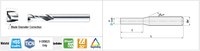 High-Speed Steel 0.01 mm Unit Outer Diameter Designated End Mill, 2-Flute / Short:Related Image