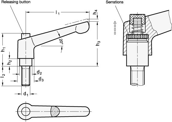 Manettes indexables avec bouton de déverrouillage, zinc moulé sous pression, goujon fileté