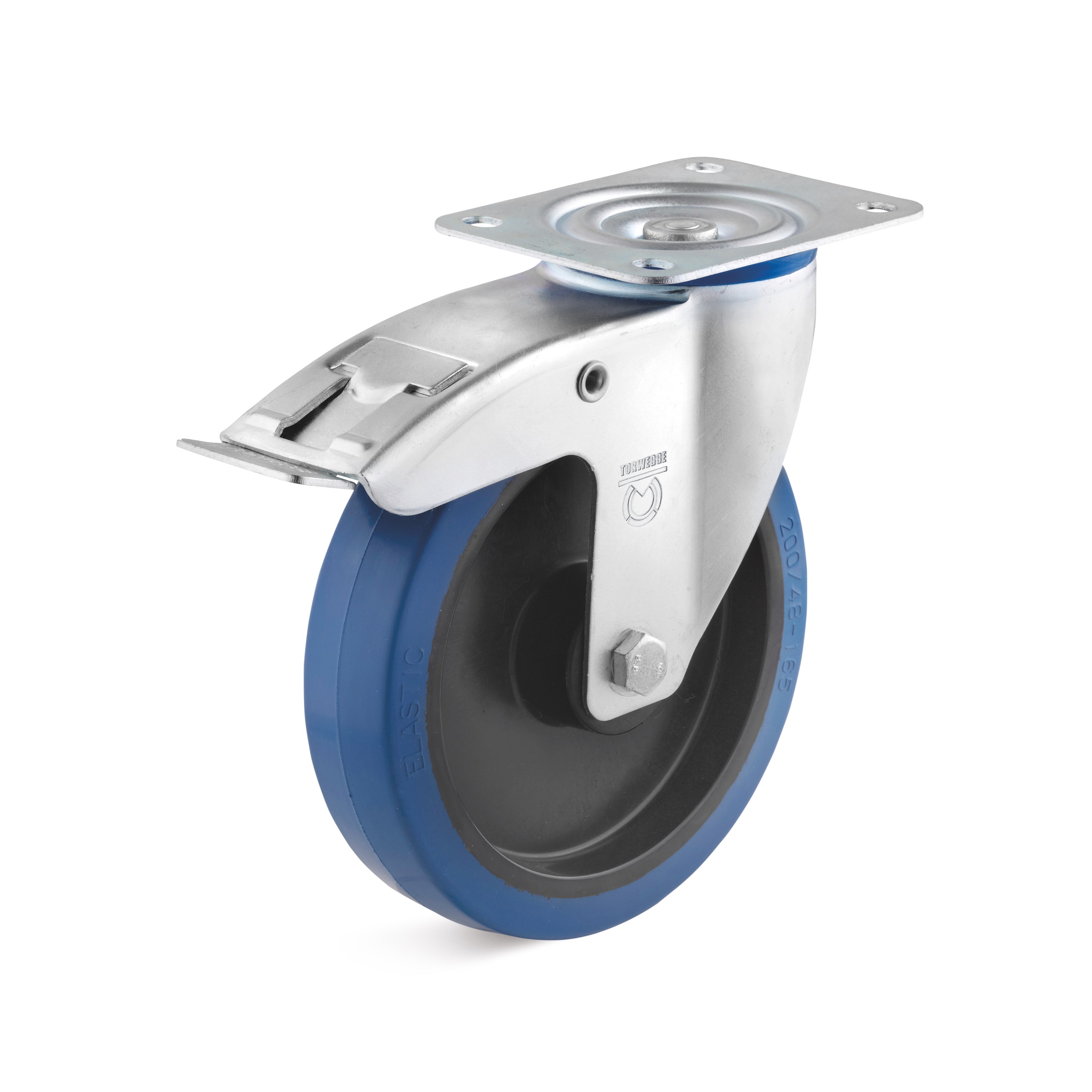 Swivel castor with blue elastic solid rubber wheel and double stop L-IL-EGK-160-R-3-DSN