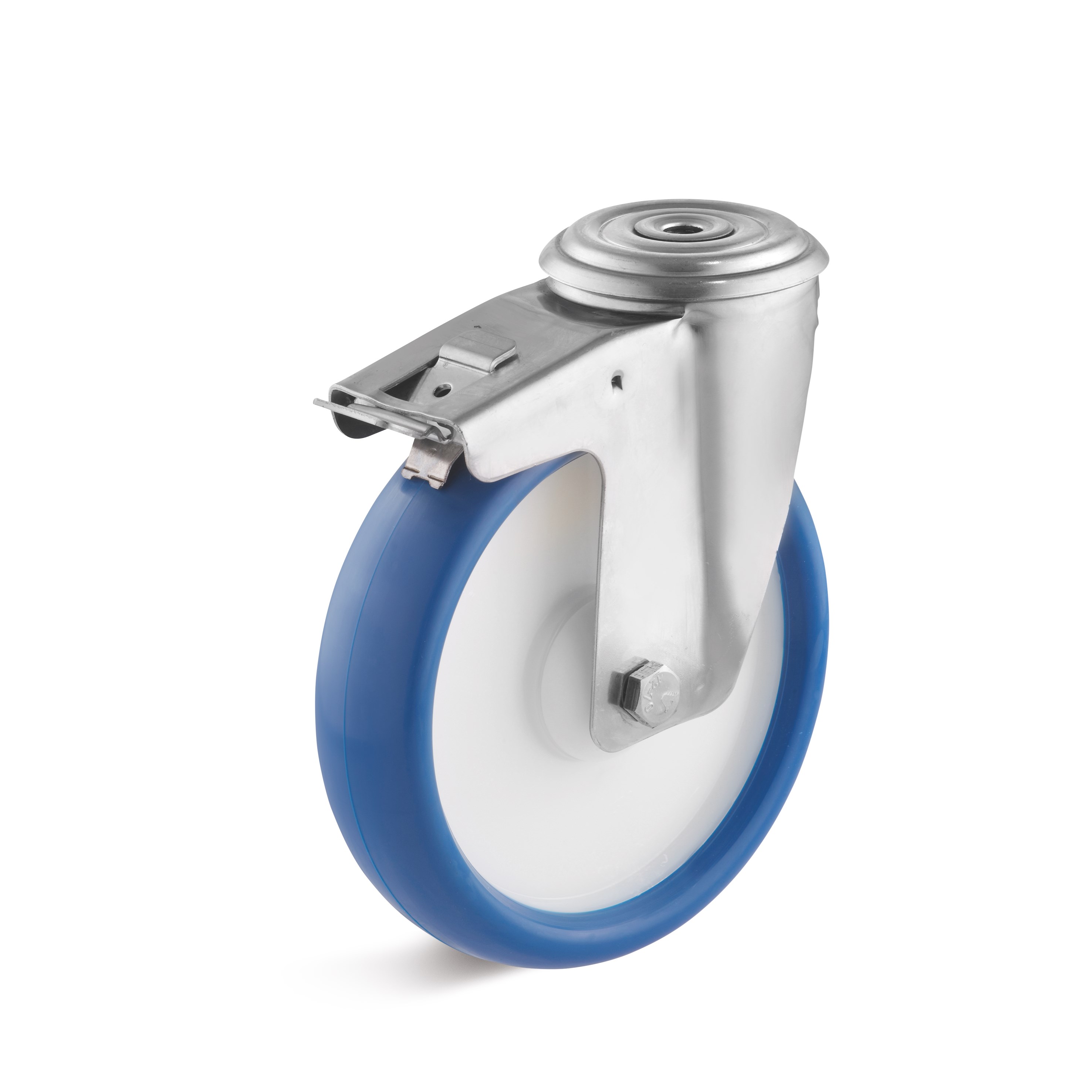 Stainless steel swivel castor with back hole attachment and double stop, polyurethane wheel L-IV-PUBK-125-K-1-DSN