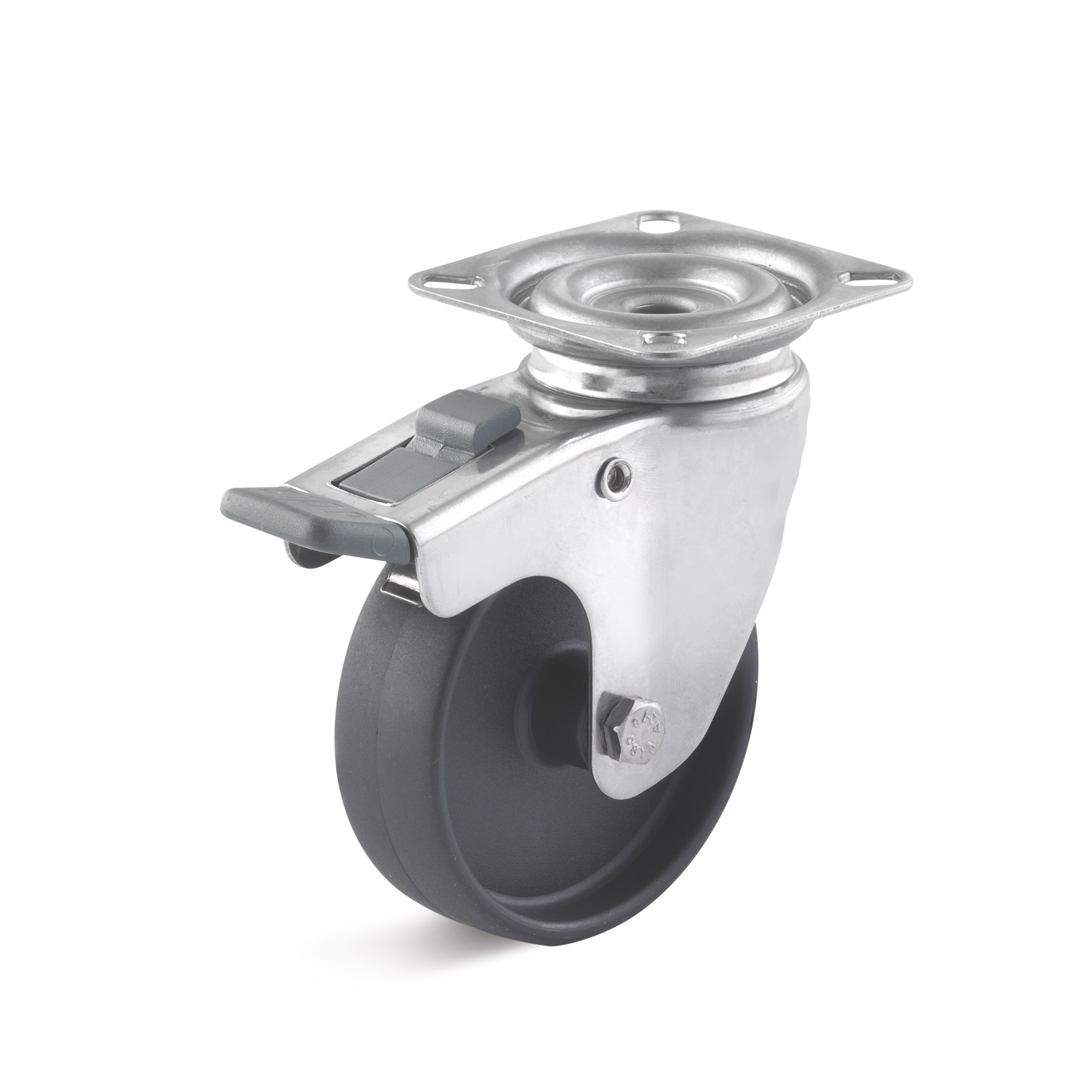 Stainless steel swivel castor with plate attachment and double stop, polyamide wheel
