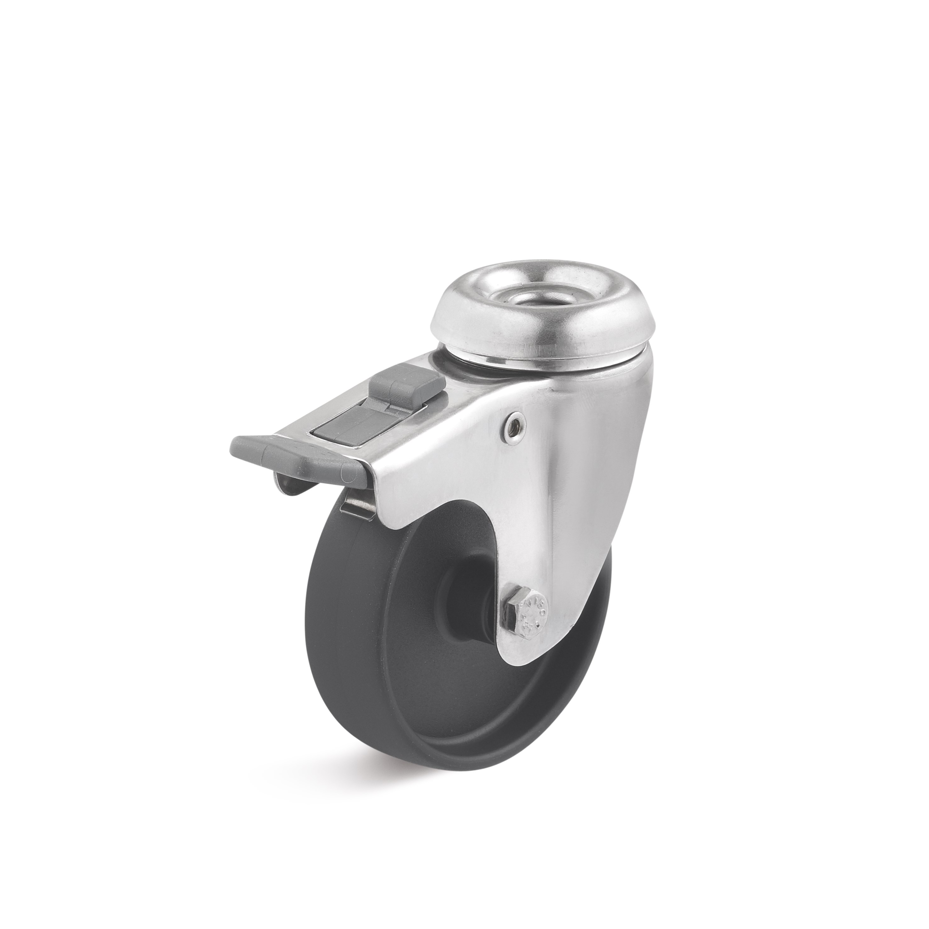 Stainless steel swivel castor with double stop, rear hole attachment, polyamide wheel L-AV-PAA-050-G-1-DSN
