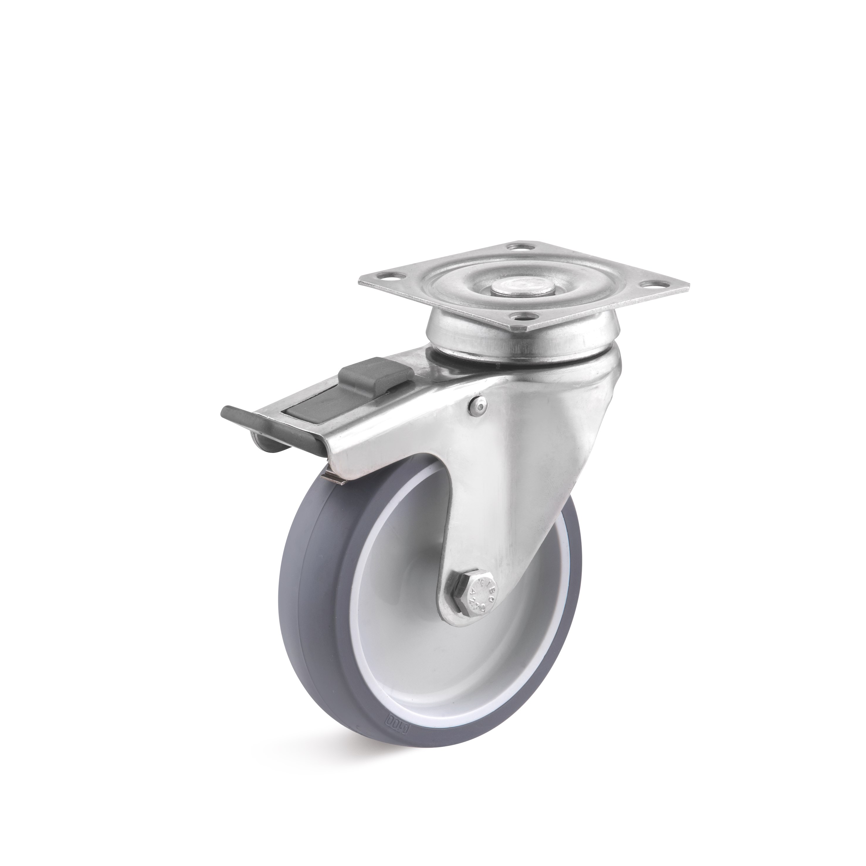 Stainless steel swivel castor with double stop and thermoplastic wheel