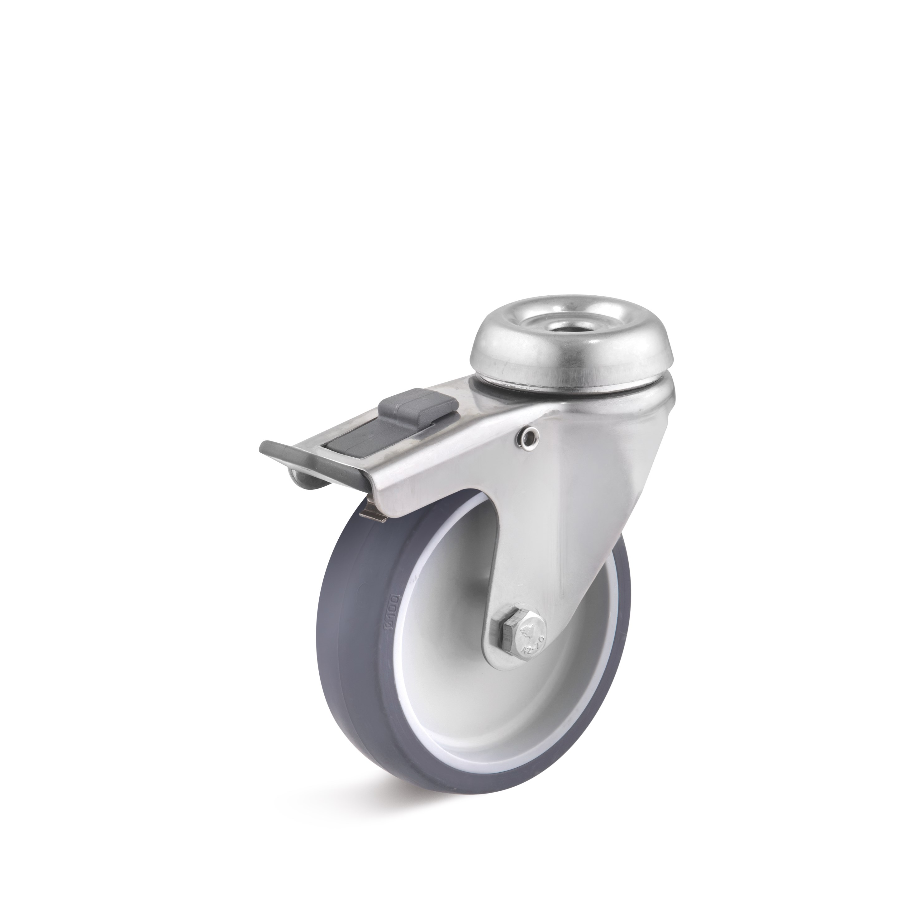 Stainless steel swivel castor with double stop and bolt hole, thermoplastic wheel