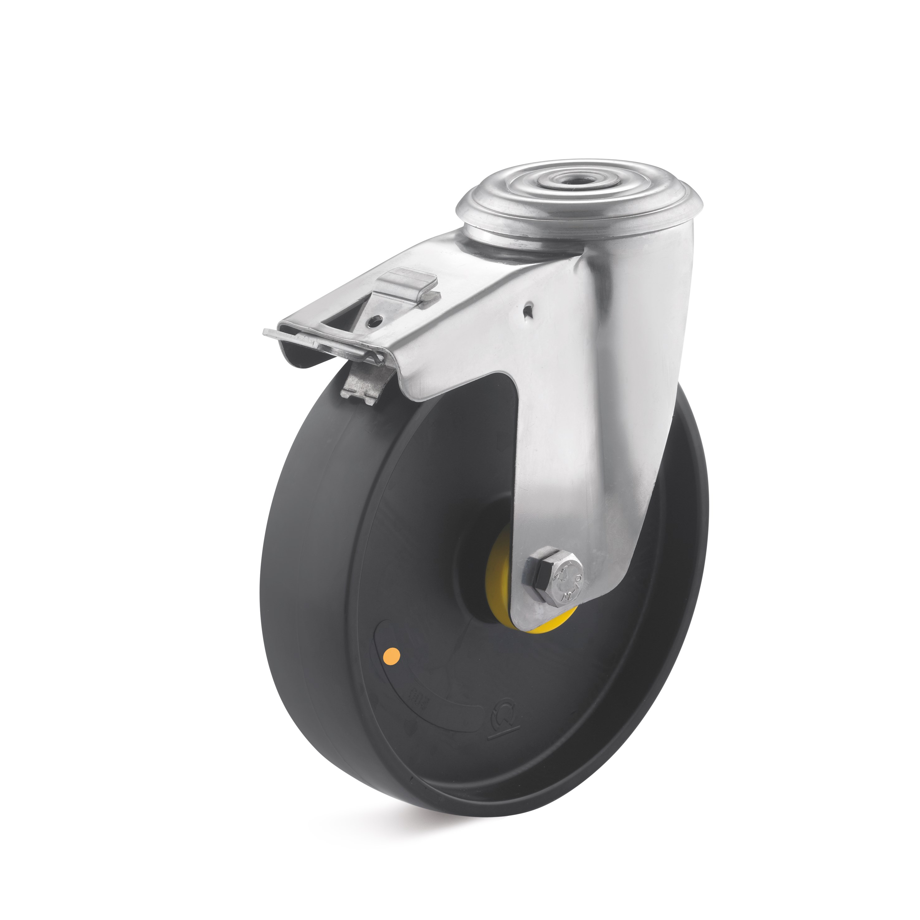 Stainless steel swivel castor with double stop and bolt hole, polyamide wheel L-IV-PAM-200-K-1-DSN-EC