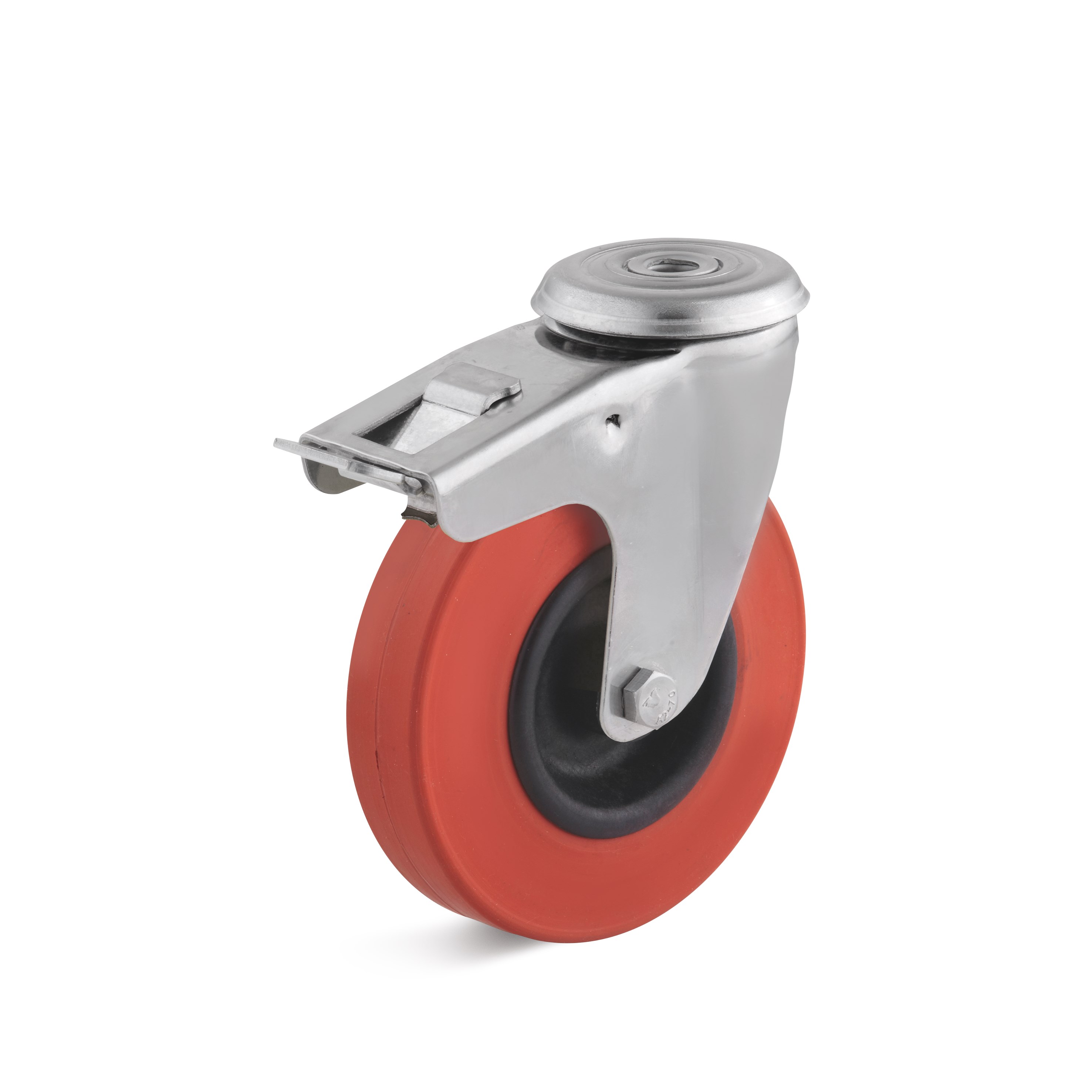 Stainless steel swivel castor with double stop and bolt hole, heat-resistant wheel