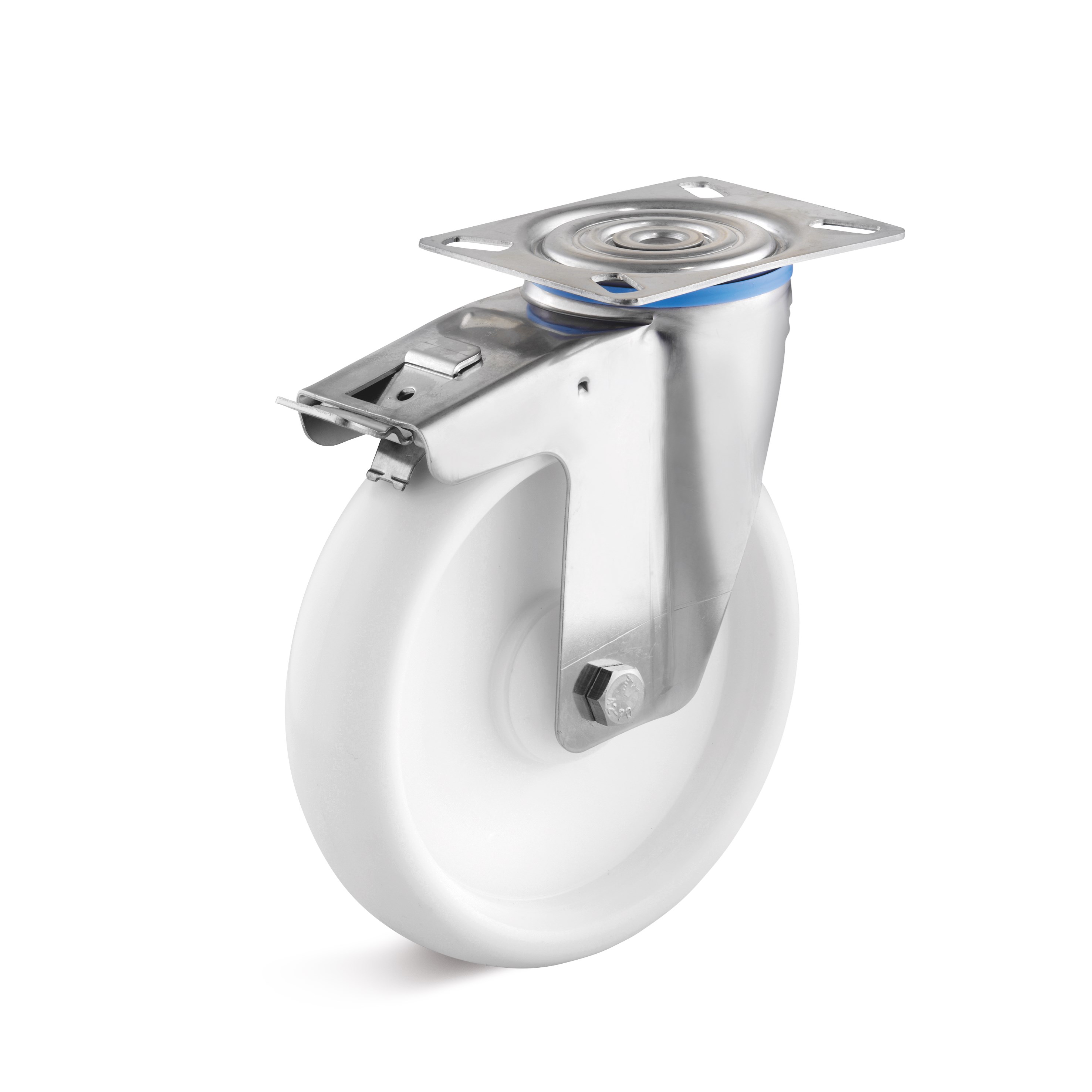 Stainless steel swivel castor with double stop and polypropylene wheel L-IV-PPBL-080-K-3-DSN