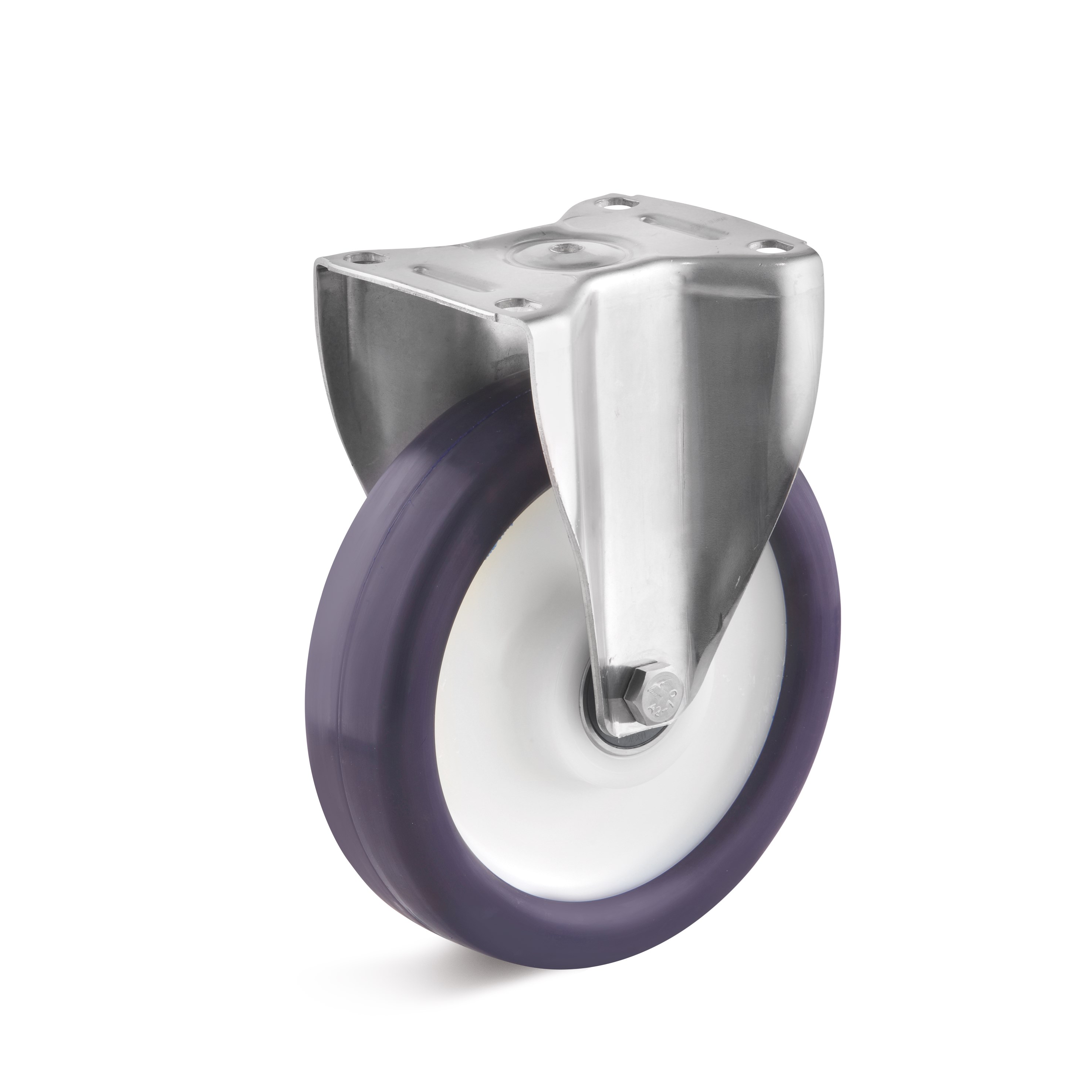 Stainless steel fixed castor with elastic polyurethane wheel, approx. 80 ° Shore A