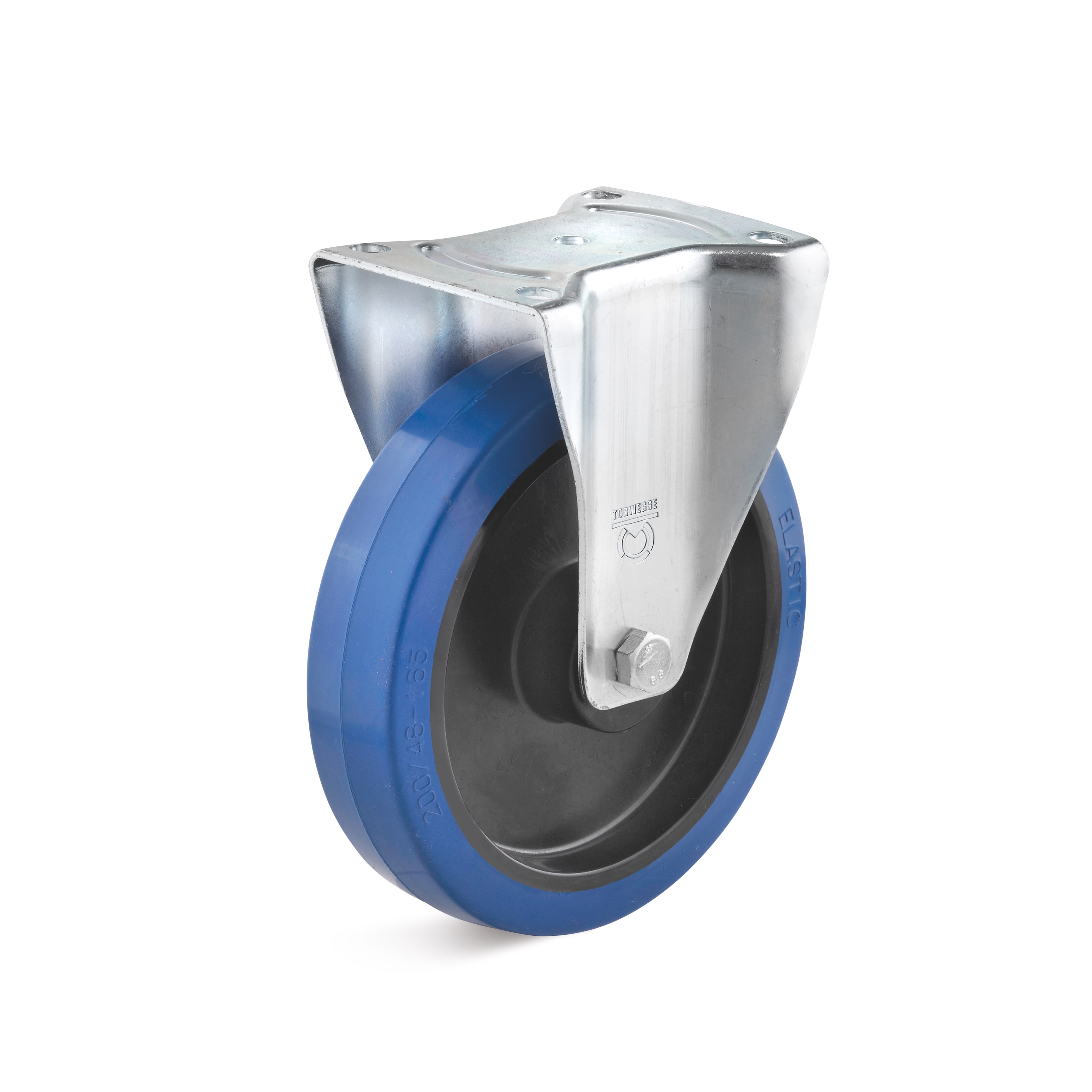 Fixed caster with blue elastic solid rubber wheel, soft tread approx. 65 ° A