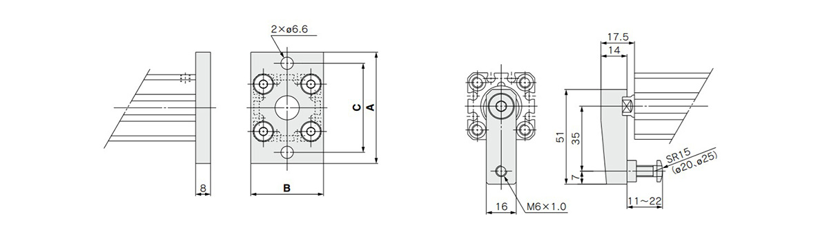 Outline dimensional drawing: ø20 (diameter 20 mm), ø25 (diameter 25 mm): dimensional drawing (1)
