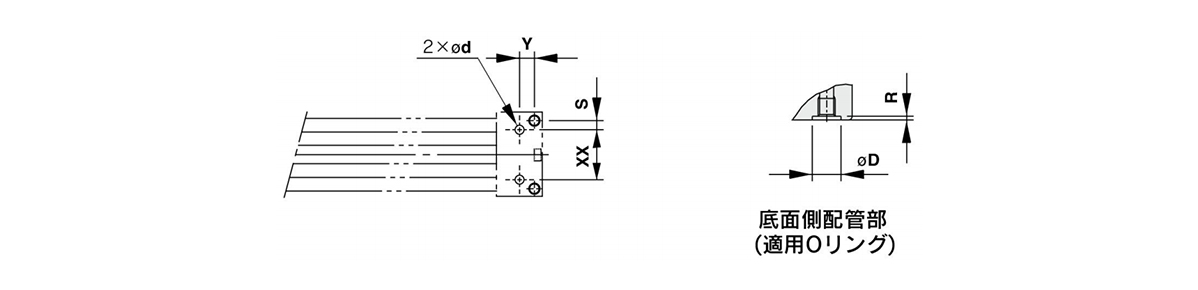 Cotes de l’orifice de raccordement de tuyauterie centralisée par le bas sur MY1B16□ / MY1B20 (à droite : raccordement par le bas [joint torique applicable]) 