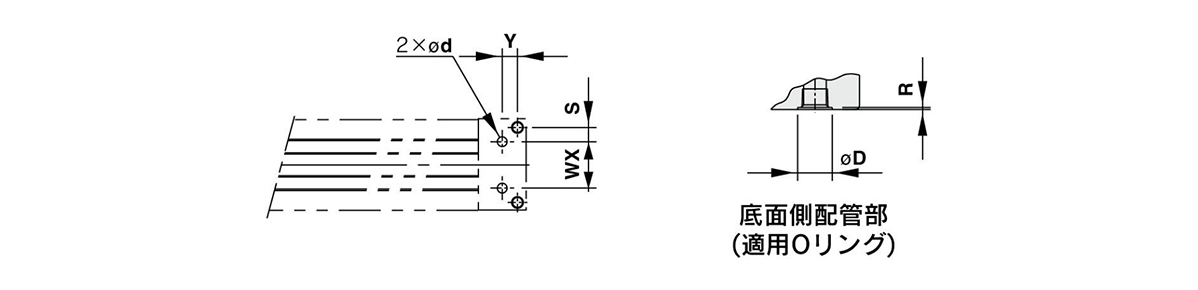 Cotes des orifices de raccordement de tuyauterie centralisée par le bas sur MY1B50□ / MY1B63□ (à droite : raccordement par le bas [joint torique applicable]) 