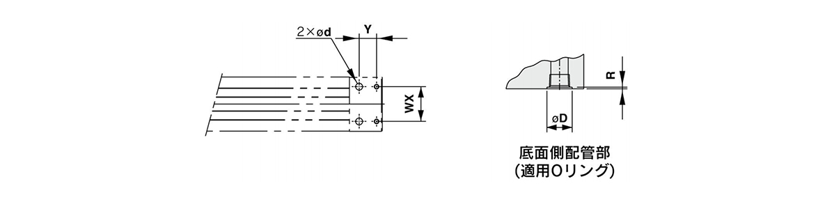 Cotes des orifices de raccordement de tuyauterie centralisée par le bas sur MY1B80□ / MY1B100 (à droite : raccordement par le bas [joint torique applicable]) 