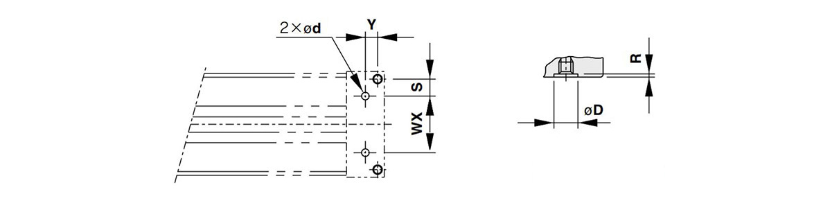 Schéma d’encombrement de l’orifice de raccordement de tuyauterie centralisée par le bas sur (à droite : raccordement par le bas [joint torique applicable]), MY1B16□ / MY1B20
