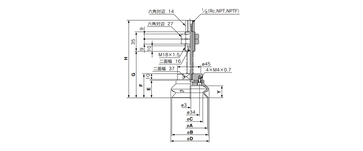 ZPT63/80HB□J□-□01-A18 (male thread) dimensions / structural drawing