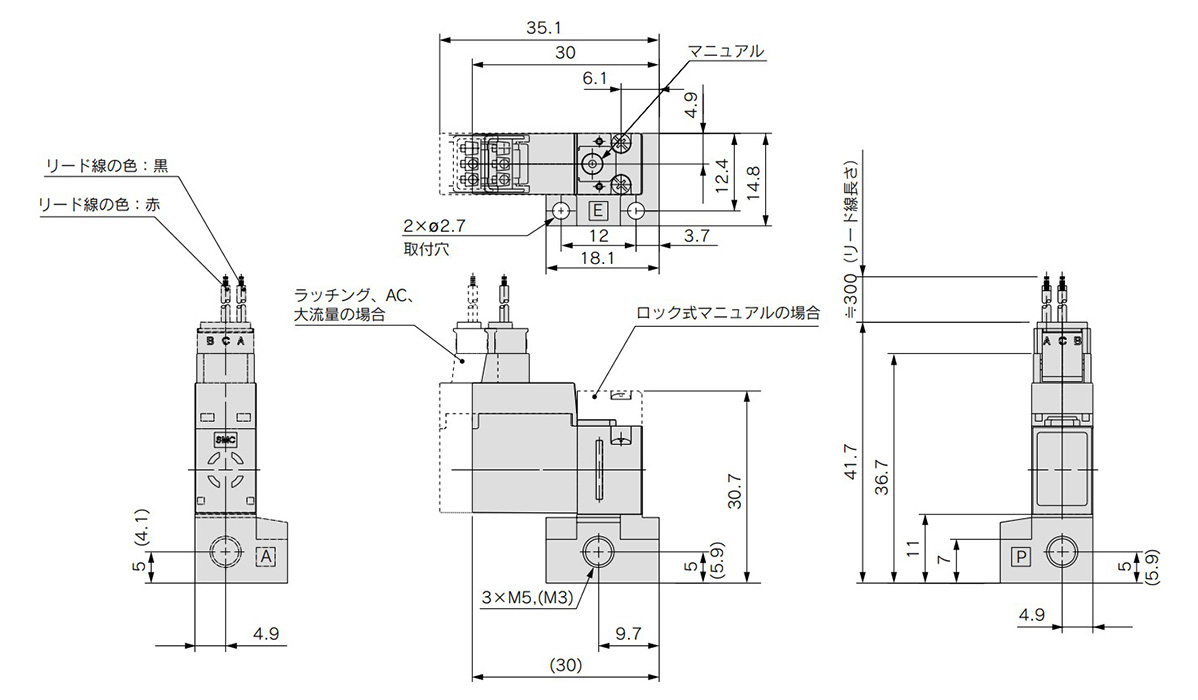 L plug connector: VQ1□0□-□L□-M5 (M3) dimensional drawings