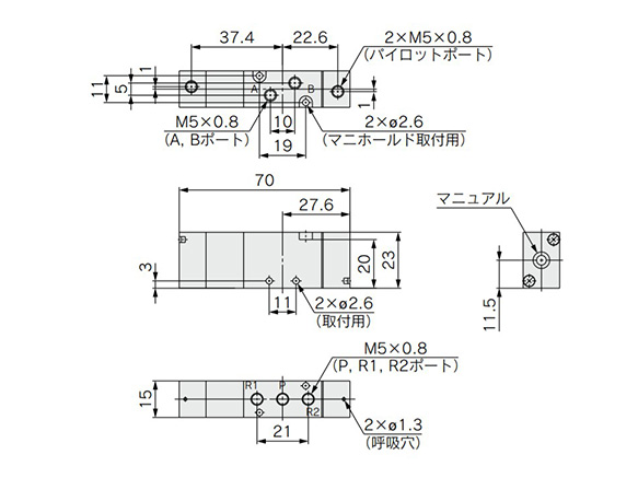 3 position closed center / exhaust center / pressure center: SYJA53/4/5/20-M5 dimensional drawing