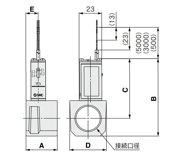 Schéma dimensionnel IS10E (Interrupteur avec adaptateur de tuyauterie)