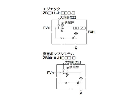 Ejector (ZB□11-J1□□□-□) / Vacuum Pump System (ZB0010-J1□□□-□) circuit diagram