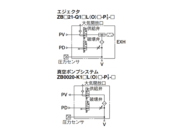 Ejector (ZB□21-Q1□L(O)□-P1/3-□) / Vacuum Pump System (ZB0020-K1□L(O)□-P1/3-□) circuit diagram