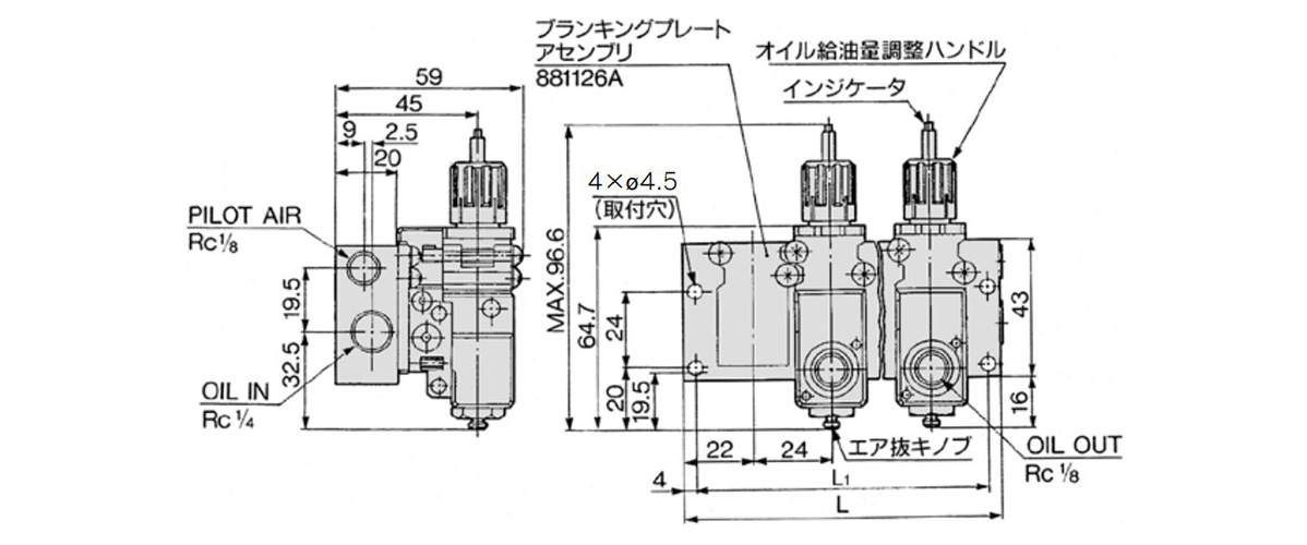 Impulse lubricator manifold: ALIM1□00-3, -5, -7, -9 dimensional drawing