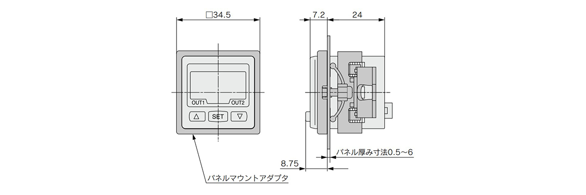 Dimensional drawing with panel mount adapter