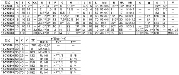 Tableau des standards des vérins sans tige à entrainement magnétique, type standard, aseptique, Série 12-CY3B