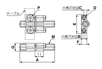 Tableau des standards de la table linéaire pneumatique Série MXQ avec l’option de réglage commun butée métallique fin de course avant axial fixe