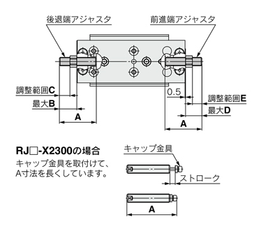 Schéma d’encombrement de la table linéaire pneumatique Série MXQ avec l’option de réglage commun à boulon long (plage de réglage 10 mm)