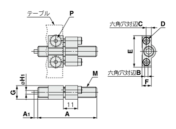 Aspect extérieur de la table linéaire pneumatique Série MXQ avec l’option de réglage commun butée métallique fin de course avant axial fixe avec amortisseur