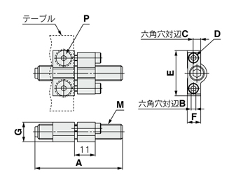 Schéma d’encombrement de la table linéaire pneumatique Série MXQ avec l’option de réglage commun butée élastique fin de course avant axial fixe